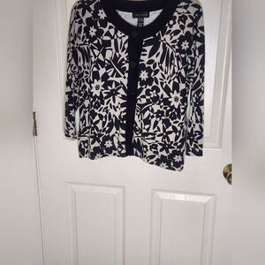 Cable&Gauge L Black Gray FloralPrint SILKBlend 3/4Sleeve ButtonUp Women Cardigan